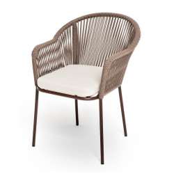 Дачный стул рекомендованный интернет магазином стулстол. "Лион" стул плетеный из роупа, каркас алюминий белый (RAL9016) шагрень, роуп оранжевый меланж круглый, ткань светло-серая