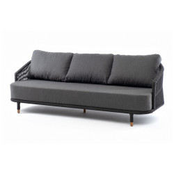 "Верона" диван 3-местный плетеный из роупа, каркас алюминий темно-серый (RAL7024) муар, роуп темно-серый круглый, ткань темно-серая 027