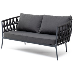 "Диего" диван 2-местный плетеный из роупа, каркас алюминий темно-серый (RAL7024) муар, роуп темно-серый круглый, ткань темно-серая 027