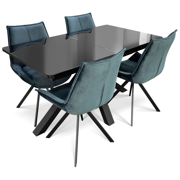 Обеденная группа: стол МЮНХЕН S-140 со стеклянной столешницей и поворотные стулья MOBIUS VERTEX CROSS на металлокаркасе с велюровой обивкой