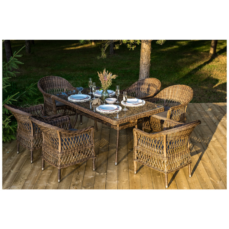 Садовая обеденная группа АМАРОНЕ (1+6), плетеная из искусственного ротанга со стеклом, цвет коричневый