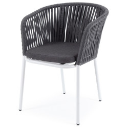 "Бордо" плетеный стул из роупа, каркас алюминиевый белый, роуп серый, ткань серая