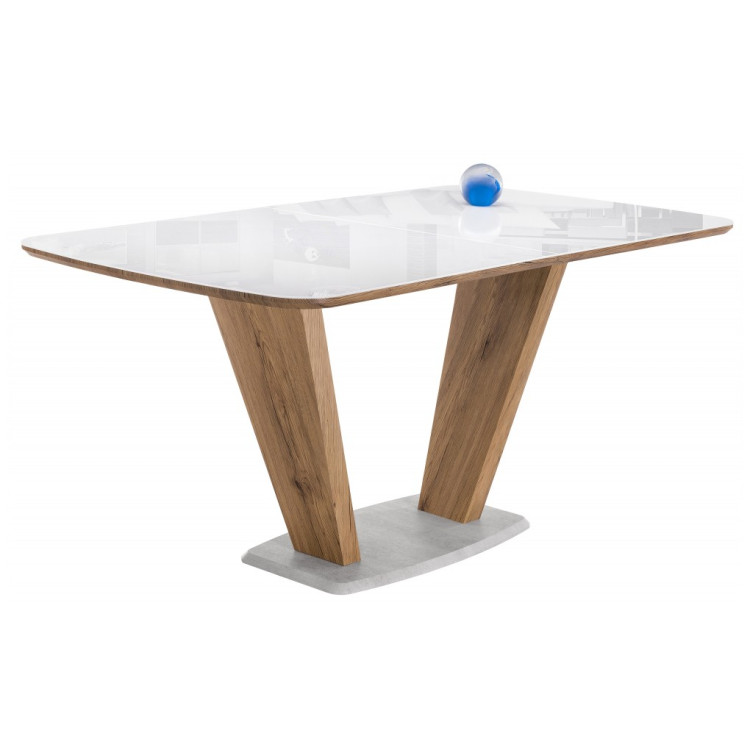 ПЕТИР 160(200)х90х76 стеклянный стол на тумбе белый / дуб монтана