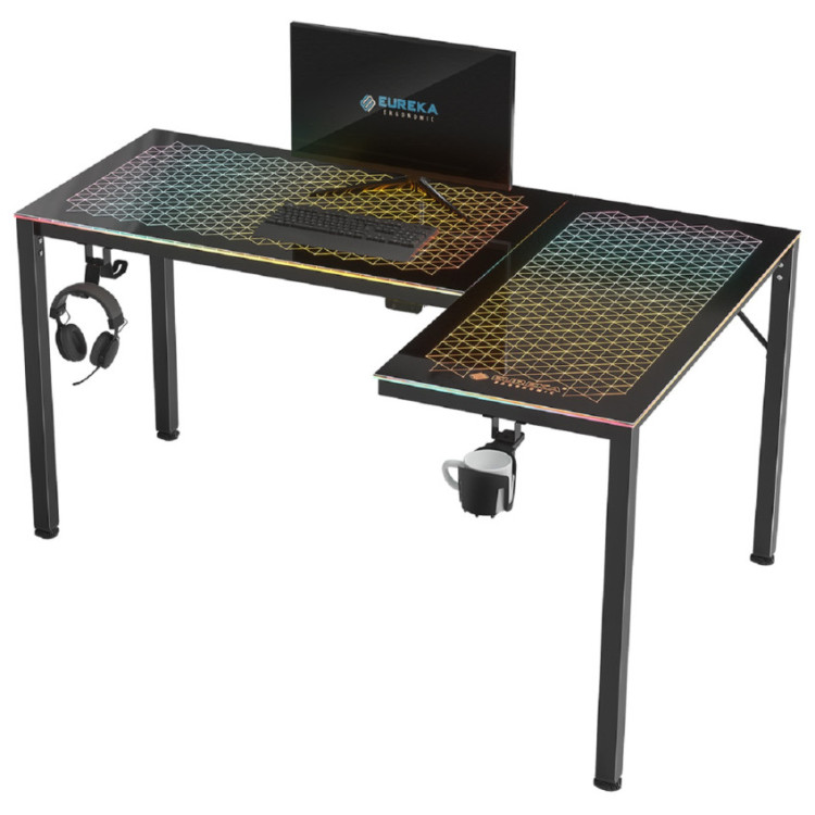 Игровые столы Стол для компьютера (для геймеров) EUREKA ERK-GD-L60R-B-EU L-формы со стеклянной столешницей и RGB-подсветкой