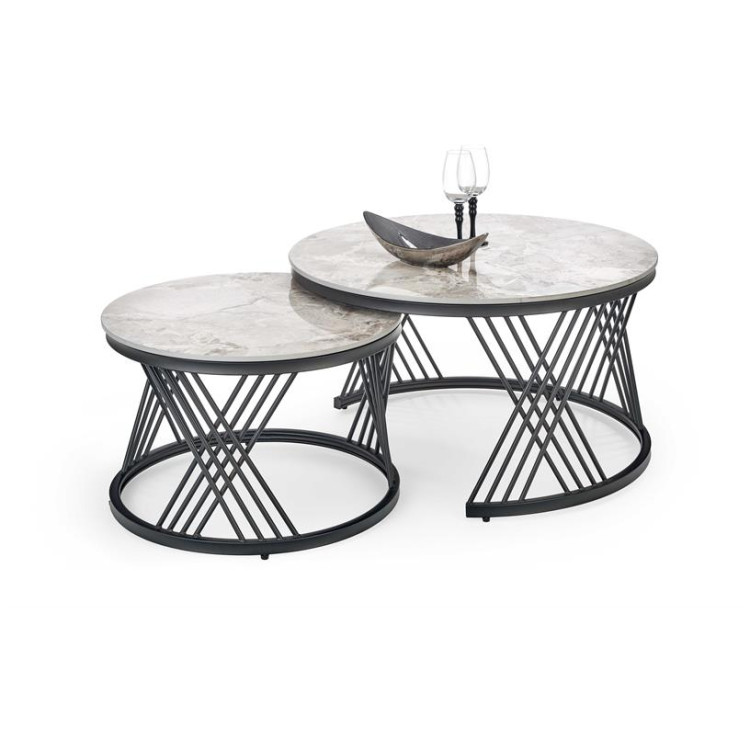 Керамические столики Комплект Halmar FLAMINGO, 2 стола журнальных (серый мрамор/черный)