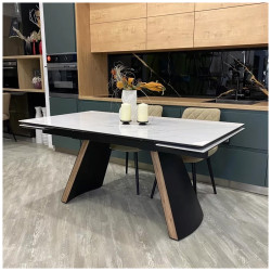 РАНДЕВУ 160 белый матовый мрамор (9806035) / черный, орех эко керамический обеденный стол