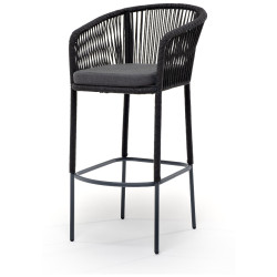 "Марсель" стул барный плетеный из роупа, каркас из стали серый (RAL7022) муар, роуп темно-серый круглый, ткань темно-серая 027