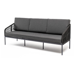 "Канны" диван 3-местный плетеный из роупа, каркас алюминий темно-серый (RAL7024) муар, роуп темно-серый круглый, ткань темно-серая 027