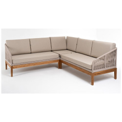 "Канны" диван модульный плетеный из роупа, основание дуб, роуп бежевый круглый, ткань бежевая 035
