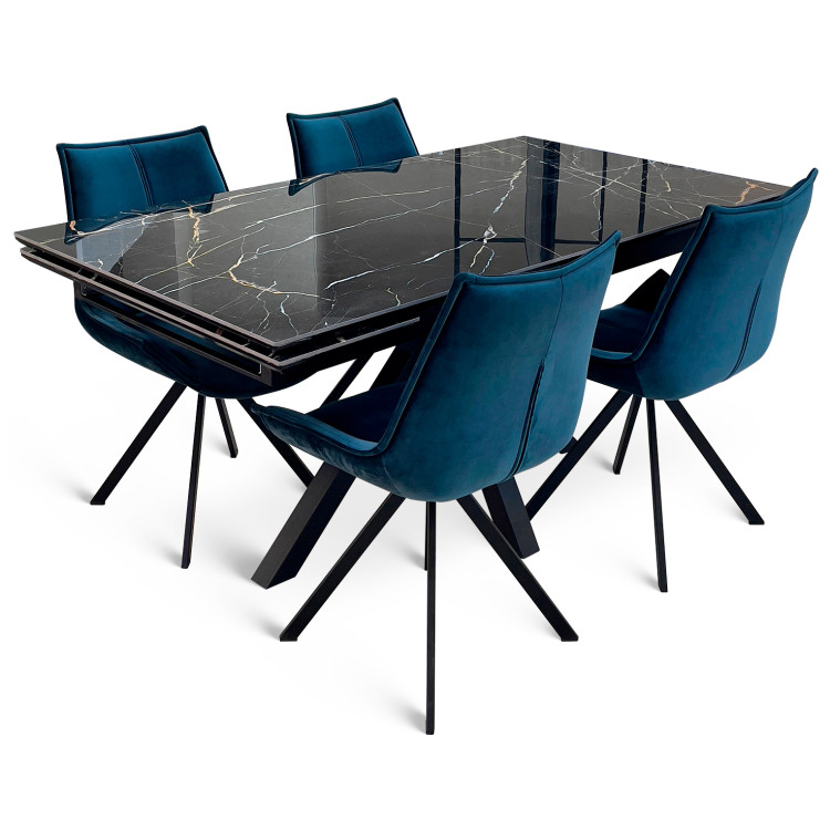 Обеденная группа: раздвижной стол БИРГЕР-160 с керамической столешницей и стулья MOBIUS VERTEX с велюровой обивкой