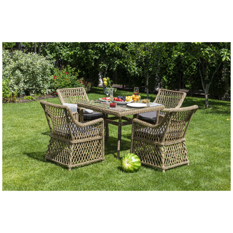 Садовая обеденная группа АЙРИШ (1+4), плетеная из искусственного ротанга со стеклом, цвет соломенный