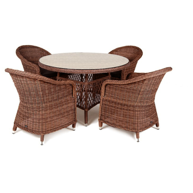 Садовая обеденная группа РАВЕННА (1+4), плетеная из искусственного ротанга со стеклом, цвет коричневый