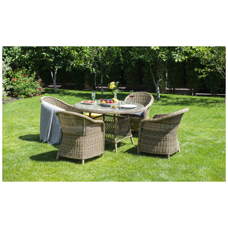 Садовая обеденная группа РАВЕННА (1+4), плетеная из искусственного ротанга со стеклом, цвет соломенный