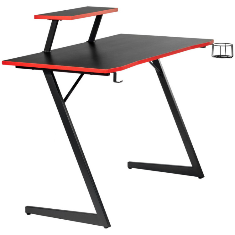 Игровые столы Компьютерный геймерский стол Basic 110х59х75см c полкой для монитора 40х20см, подстаканником, крючком для наушников, карбон чёрный красный