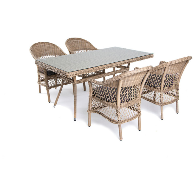 Садовая обеденная группа АМАРОНЕ (1+4), плетеная из искусственного ротанга со стеклом, цвет соломенный