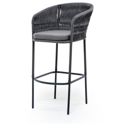 "Бордо" стул барный плетеный из роупа (колос), каркас из стали серый (RAL7022), роуп серый 15мм, ткань серая 017