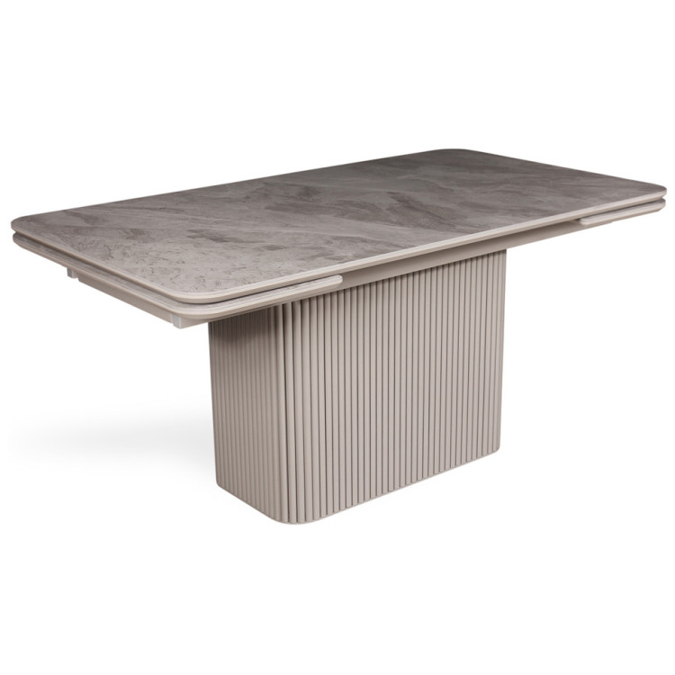 Стол обеденный GABEN 140 с керамической столешницей Perlato Cream на тумбовой опоре в цвете латте, max 215 см