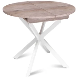 Стол круглый раздвижной Твист (90+30) дуб эндгрейн / опоры белые