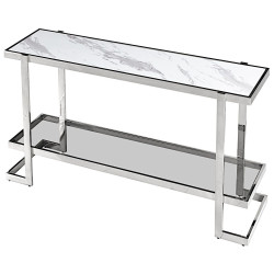 BS-4047 Консольный столик стеклянный МРАМОР 130*36, основание нержавеющая сталь хром Столик консольный