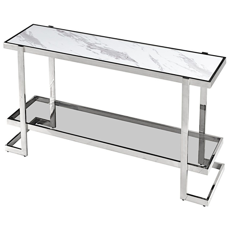 Консольные столики BS-4047 Консольный столик стеклянный МРАМОР 130*36, основание нержавеющая сталь хром