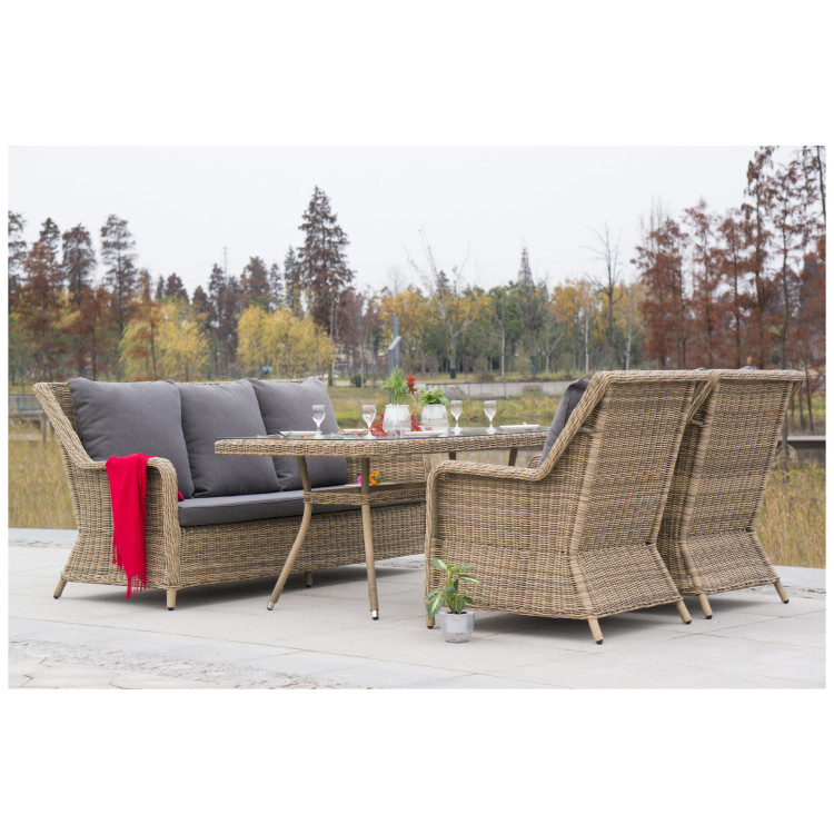 Садовая обеденная группа с диваном ГЛЯССЕ (1+5), плетеная из искусственного ротанга, цвет соломенный