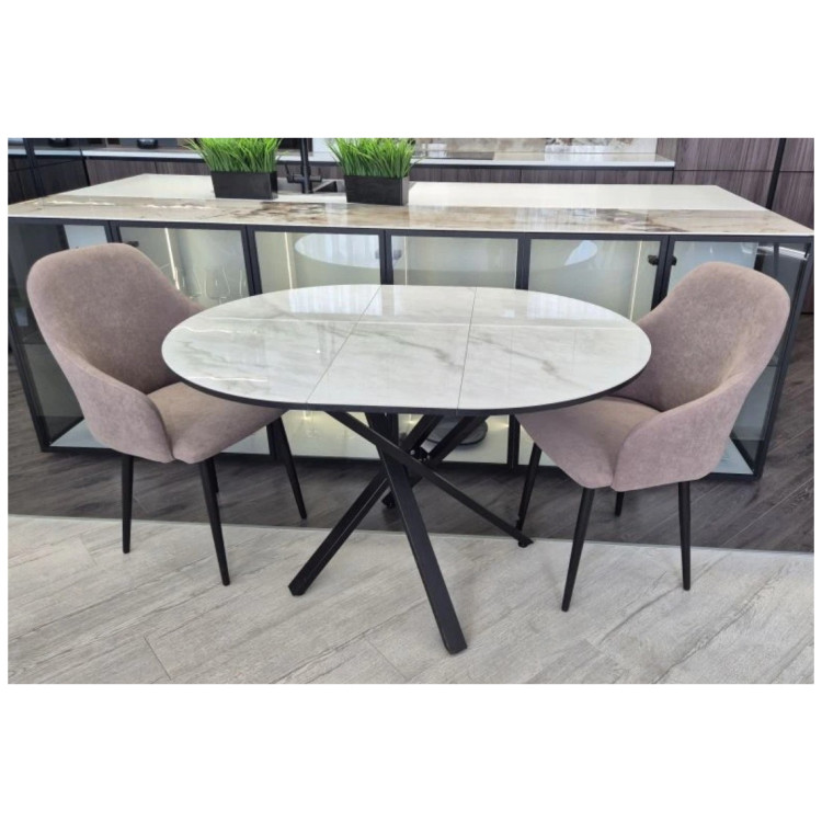 Керамические столы Стол СТЮАРТ D90 цвет БЕЛЫЙ МРАМОР С ПРОЖИЛКАМИ ЛАТТЕ, керамика / Черный каркас