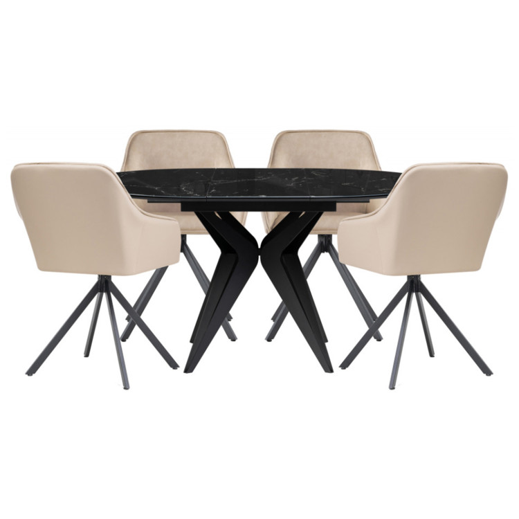 ПИРУТА обеденная группа с круглым столом, цвет черный мрамор / черный / бежевый ПИРУТА обеденная группа с круглым столом, цвет черный мрамор / черный / бежевый