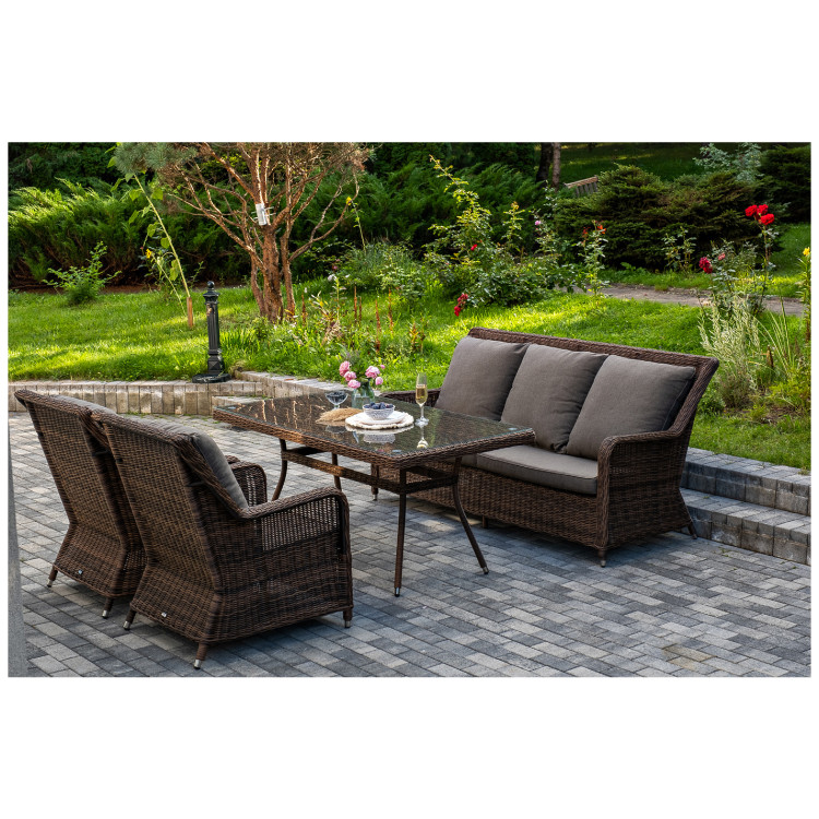 Садовая обеденная группа с диваном ГЛЯССЕ (1+5), плетеная из искусственного ротанга, цвет коричневый