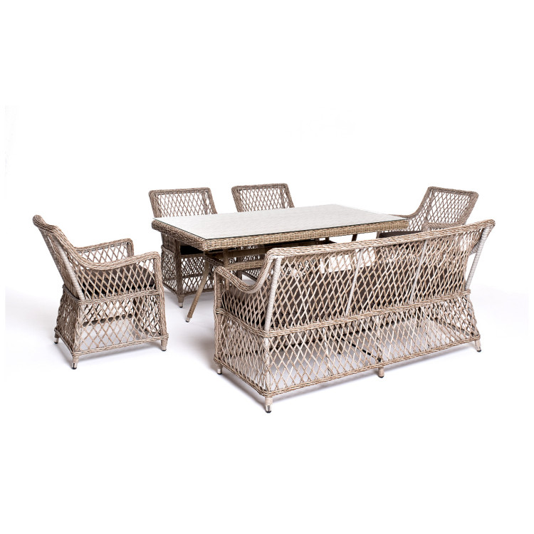 Садовая обеденная группа с диваном КАТАНИЯ (1+6), плетеная из искусственного ротанга, цвет бежевый