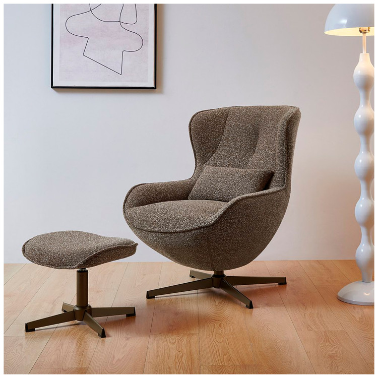 Дизайнерское лаунж-кресло PIKKO 360 с банкеткой, обивка ткань темно-бежевый, ножки металл бронза