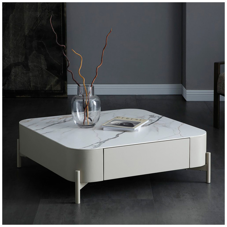 Стол журнальный с ящиками CT2360, столешница керамика белый мрамор, ножки металл бежевый