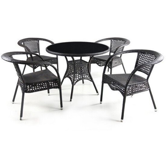 Комплект плетеной мебели 4+1 круглый стол T220C и 4 стул-кресла Y-32 с подлокотниками  в коричневом цвете