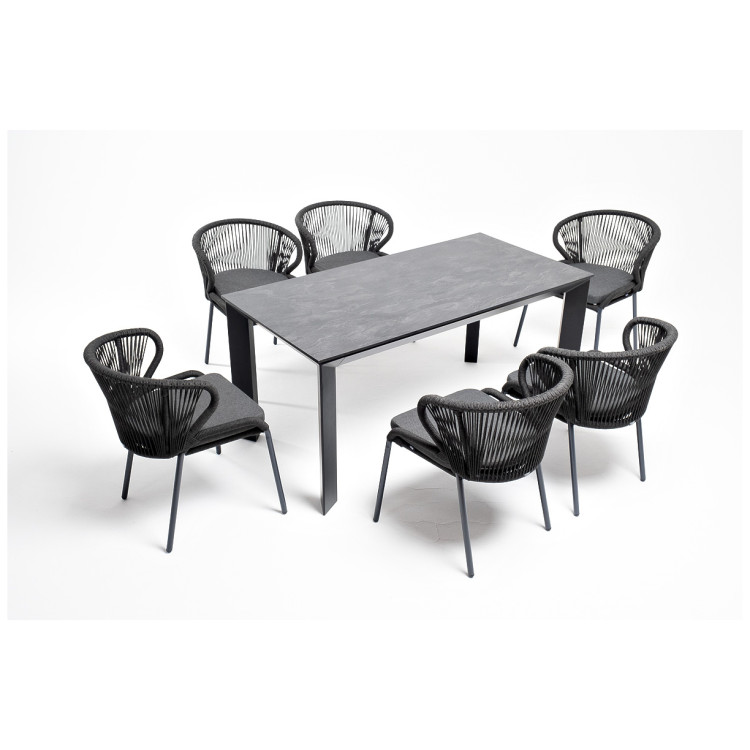 Обеденная группа ВЕНЕТО на 6 персон со стульями МИЛАН, каркас темно-серый, роуп темно-серый