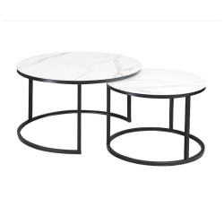 Большие журнальные столики со стеклянной столешницей. Комплект Signal ATLANTA C, 2 стола журнальных (эффект белого мрамора/черный мат) стеклянный журнальный столик