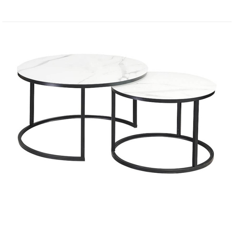 Стеклянные столики Комплект Signal ATLANTA C, 2 стола журнальных (эффект белого мрамора/черный мат)