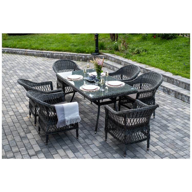 Садовая обеденная группа АМАРОНЕ (1+6), плетеная из искусственного ротанга со стеклом, цвет графит